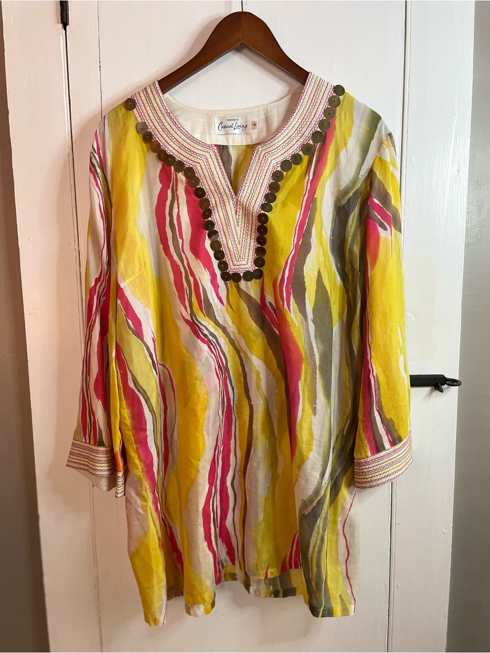 Silk & Cotton Blend Colorful 3/4Sleeve Striped Tunic w/ coin trim Size 1X